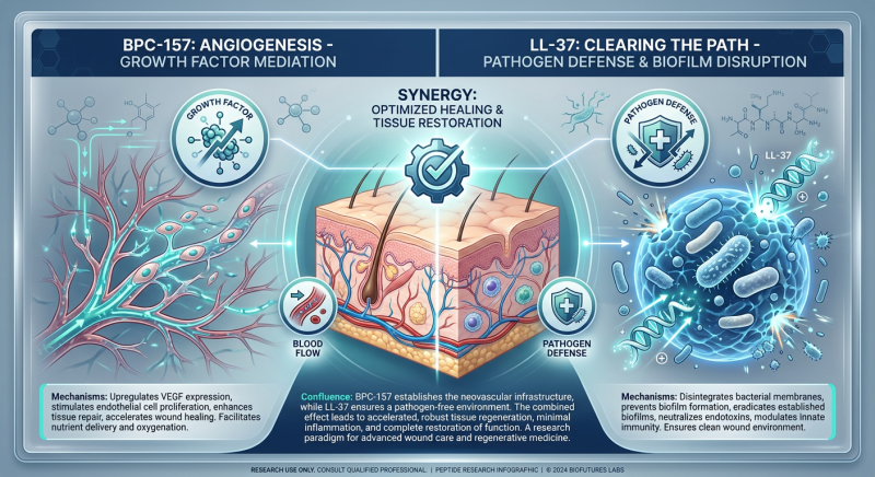 A visual comparison of BPC-157 and LL-37, showing how they synergize through angiogenesis and bacterial clearance to repair tissue.