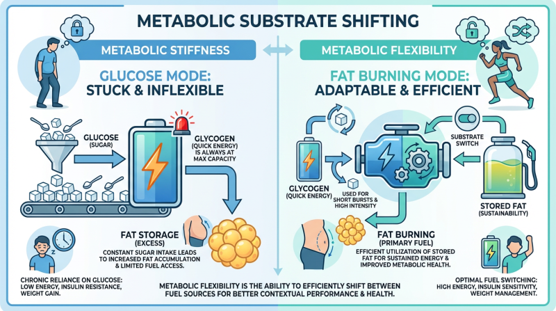 A comparison chart showing metabolic flexibility versus metabolic stiffness, using a hybrid car analogy to represent the body's energy systems.