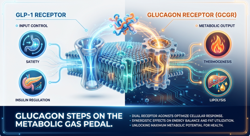 Infographic comparing the dual-agonist pathways of GLP-1 and Glucagon receptors for metabolic optimization.
