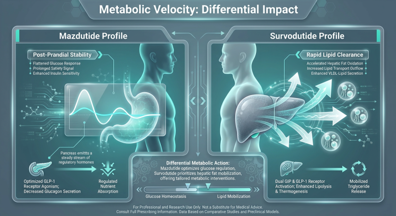Comparative chart showing the distinct metabolic profiles of Mazdutide and Survodutide in post-prandial lipid kinematics.