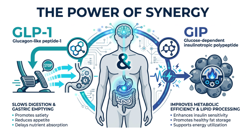 A high-end medical infographic titled 'The Synergy of Multi-Peptide Blending' showing the interaction between GLP-1 and GIP pathways.