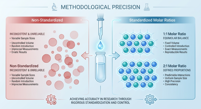 A technical comparison chart titled 'The Precise Molar Ratio' juxtaposing a disorganized pile of peptides versus a structured, standardized molecular grid.