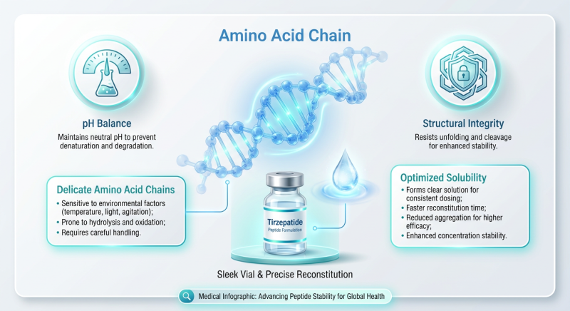 A diagram titled 'Stability & Reconstitution' illustrating the delicate amino acid chains and the balance of pH-sensitive liquids.
