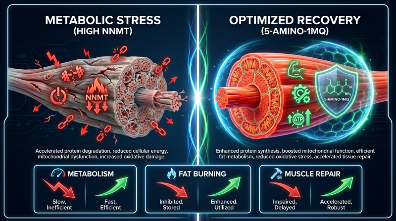 A comparison infographic showing two muscle fibers under metabolic stress. The side with NNMT shows muscle breakdown, while the side with 5-Amino-1MQ shows preserved, healthy muscle tissue. Simple, clean, and scientific.