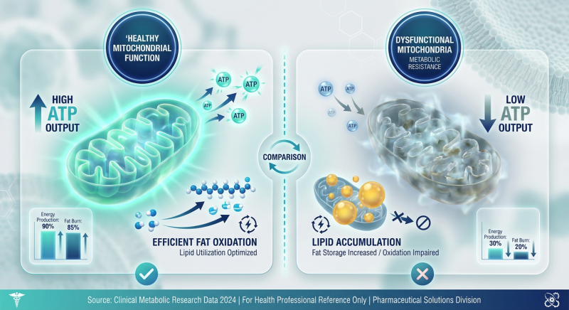 Infographic comparing a healthy mitochondrion versus a dysfunctional mitochondrion in the context of metabolic resistance, labeled with energy output and fat oxidation efficiency.