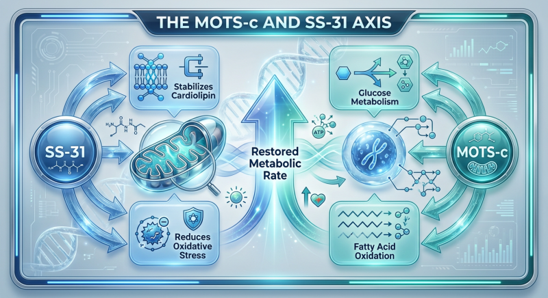 Infographic showing the synergy between MOTS-c and SS-31 peptides, illustrating how they target mitochondrial repair and metabolic signaling.