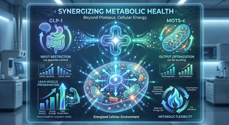 A futuristic infographic showing the synergy between GLP-1 peptides and MOTS-c, illustrating mitochondrial activation and muscle preservation.
