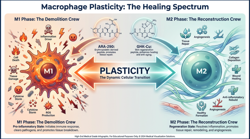 A medical infographic titled Macrophage Plasticity: The Healing Spectrum, showing the transition from M1 pro-inflammatory cells to M2 anti-inflammatory cells, with ARA-290 and GHK-Cu as catalysts.