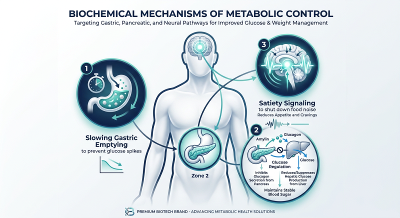 Medical infographic showing the three primary pathways of natural Amylin: slowing gastric emptying, inhibiting glucagon, and signaling the brain for satiety.