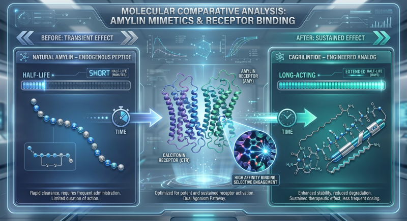 Comparison infographic between natural Amylin and the engineered analog Cagrilintide, highlighting receptor affinity and duration of action.