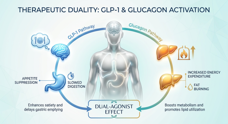 A scientific infographic showing the dual action of Oxyntomodulin on GLP-1 and Glucagon receptors, promoting satiety and energy expenditure.