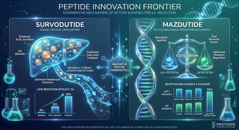 A comparison infographic illustrating the unique benefits of Survodutide and Mazdutide in metabolic research and liver health.