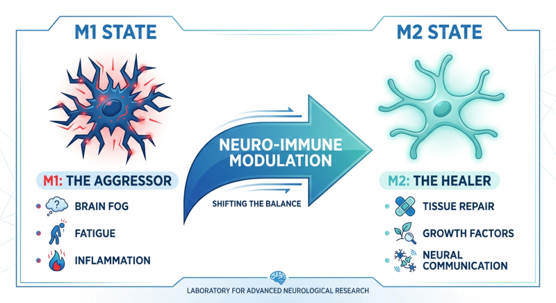 A dual-panel medical infographic showing microglial cells in two states: the inflammatory M1 state (Aggressor) and the healing M2 state (Healer). The M1 side is depicted with jagged red cells and inflammatory markers, while the M2 side shows smooth teal cells with growth factor icons.