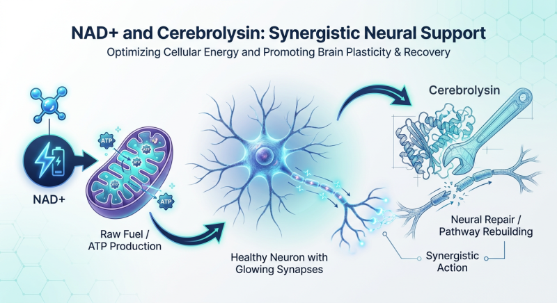 A high-tech medical infographic showing the synergistic effects of NAD+ (fuel) and Cerebrolysin (repair) on a neuron and its mitochondria.