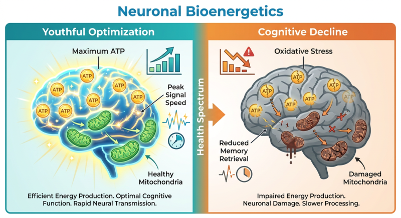 A comparison chart infographic showing the difference between a youthful brain energy grid and a declining one due to mitochondrial dysfunction.