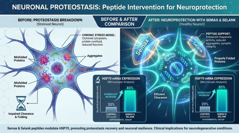 A comparative scientific chart infographic titled 'Neuronal Proteostasis & HSP70 Expression' showing how Semax and Selank act as cellular defenders against protein damage.