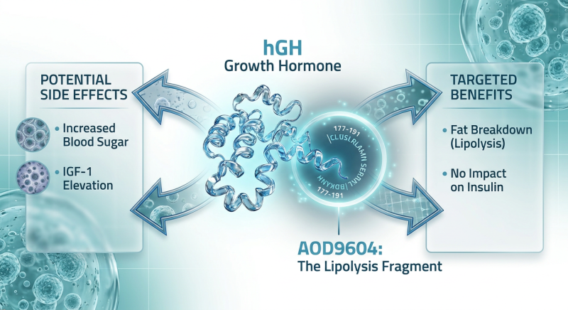An infographic comparing the molecular structure and biological impact of full-chain Growth Hormone versus the AOD9604 fragment, highlighting the 'Fat Burning Zone' vs the 'Systemic Side Effect Zone'.