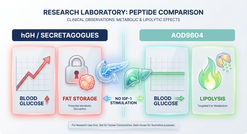 A side-by-side comparison chart illustrating the physiological differences between hGH/Secretagogues and AOD9604, focusing on blood sugar, insulin, and fat loss.