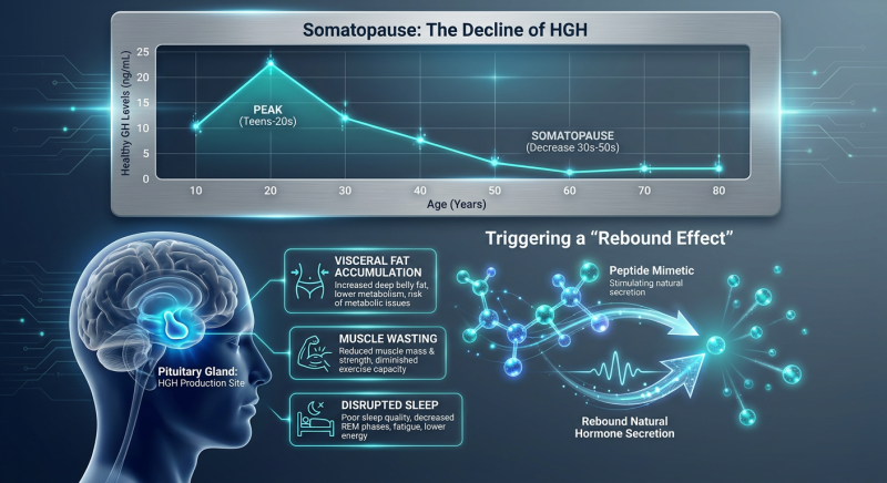 A professional medical diagram showing the impact of Somatopause and how Growth Hormone Releasing Peptides (GHRPs) target the pituitary gland to restore youthful GH levels.