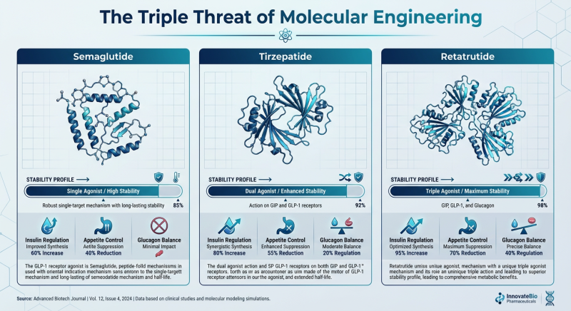 A comparative horizontal bar chart showing the metabolic half-life and receptor agonism of Semaglutide, Tirzepatide, and Retatrutide.