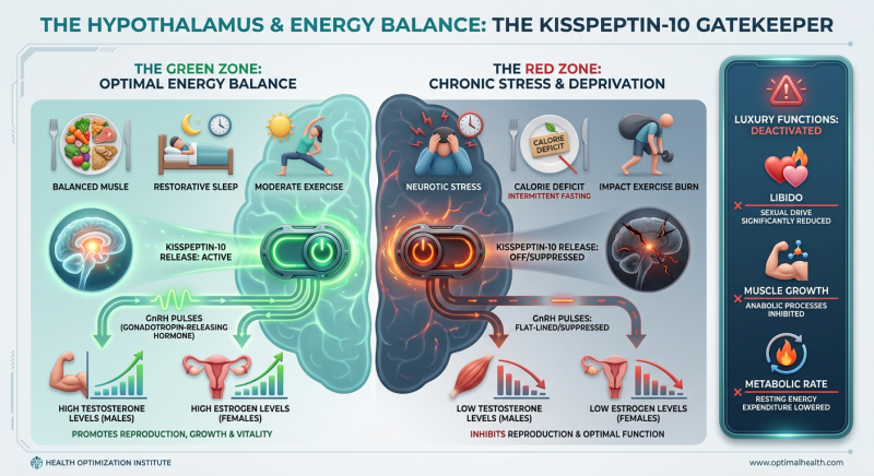 A medical infographic showing the brain's hypothalamus responding to 'Energy Surplus' vs 'Energy Deficit' with Kisspeptin-10 as the master switch.