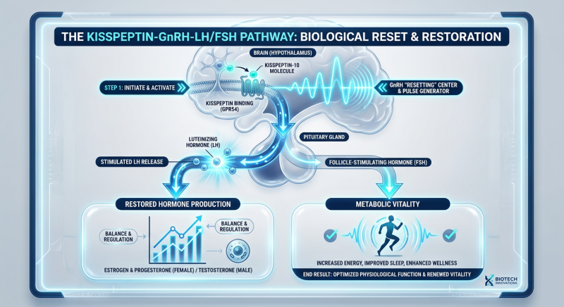 A biological flowchart showing how Kisspeptin-10 restores GnRH pulse dynamics and the HPG axis after endocrine suppression.