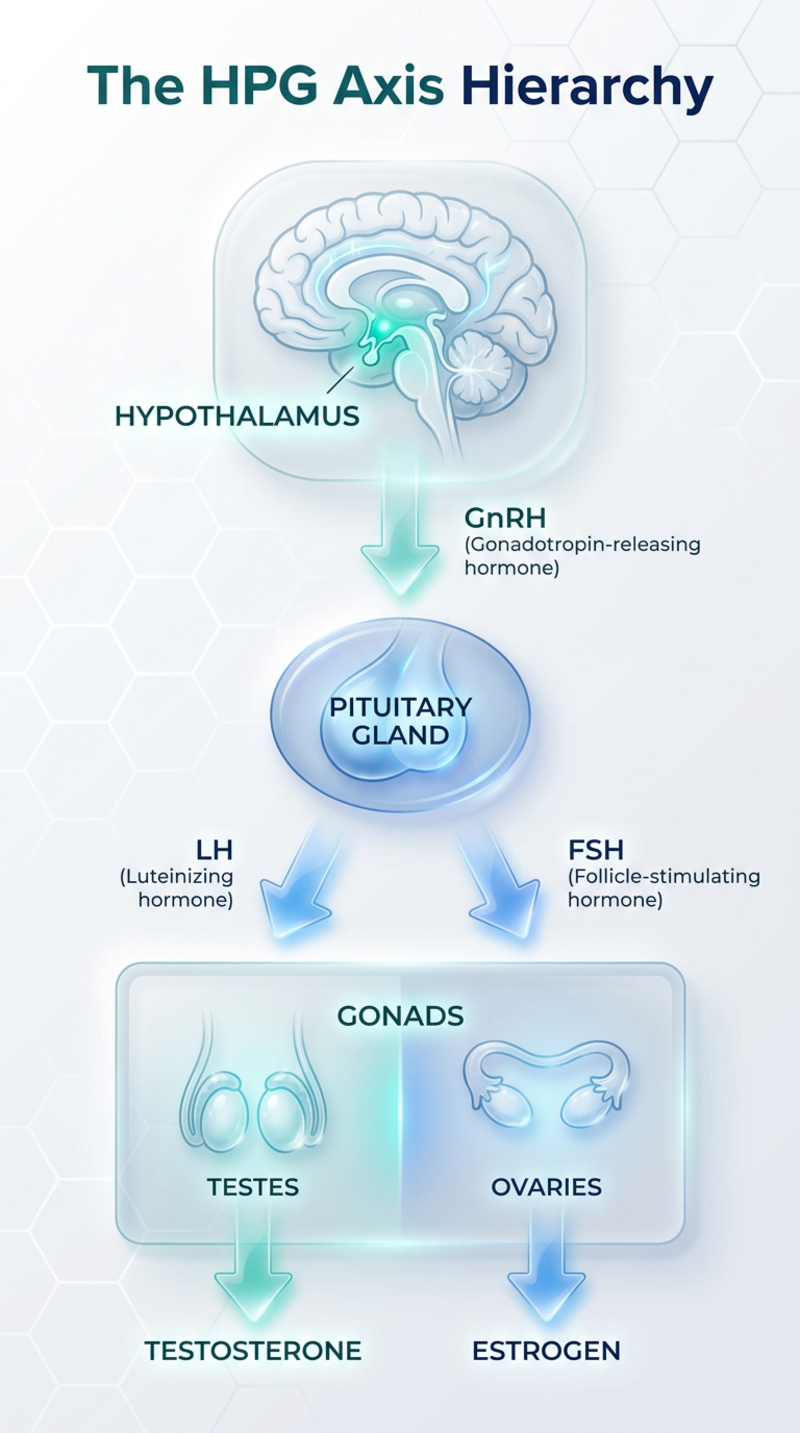 A diagram showing the flow of the HPG Axis from the Hypothalamus to the Pituitary Gland and finally to the Gonads.