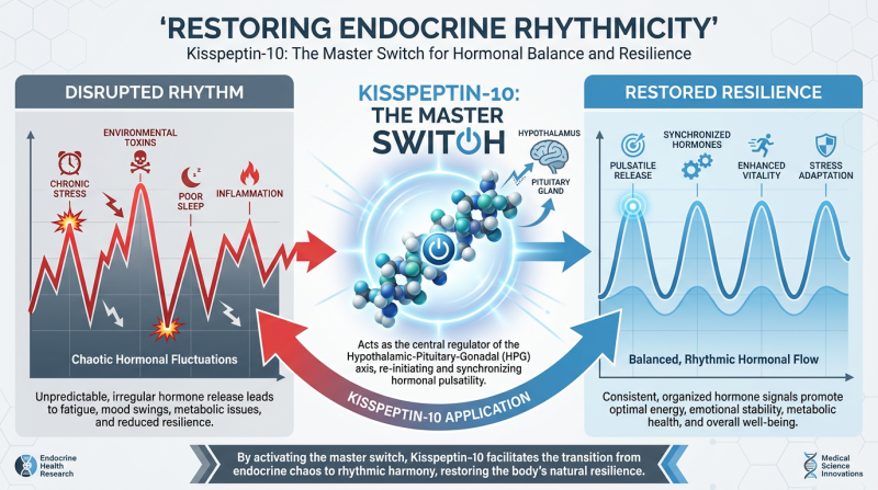 A side-by-side comparison of a disrupted endocrine system versus a rhythmically restored system using Kisspeptin-10.