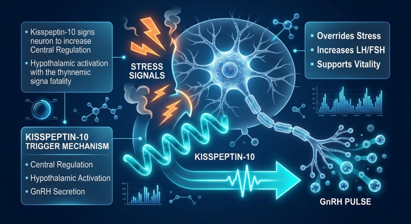An infographic explaining how Kisspeptin-10 triggers the HPG Axis to overcome metabolic stress.