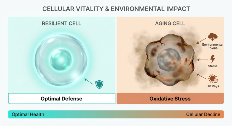 A comparison infographic showing a healthy cell with high antioxidant levels versus a cell suffering from oxidative stress (cellular rust).