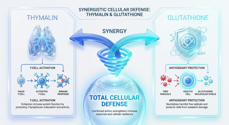An infographic illustrating the synergy between Thymalin for immune modulation and Glutathione for cellular detoxification.
