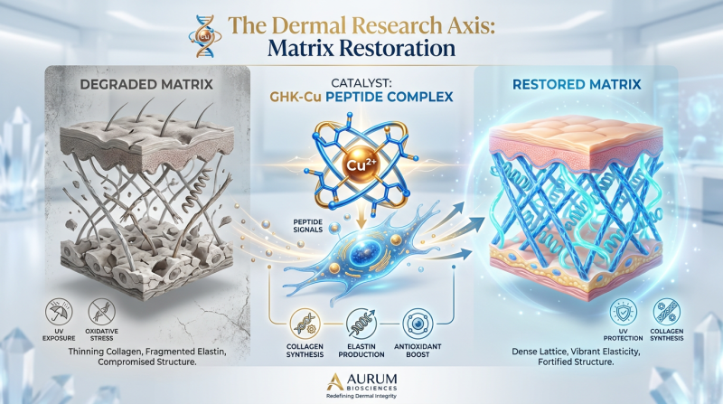 A comparative scientific diagram showing the difference between intrinsic and extrinsic skin aging and how GHK-Cu repairs the extracellular matrix.
