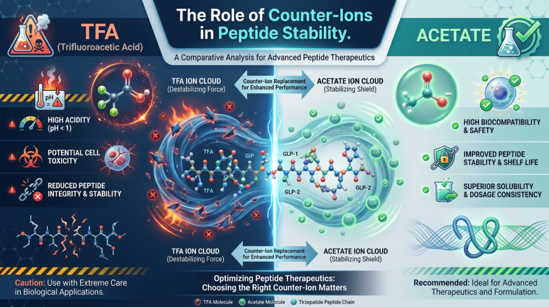 A professional scientific infographic comparing TFA and Acetate counter-ions in peptide stability. Shows chemical structures, stability bars, and solubility icons in a clean blue and white theme.
