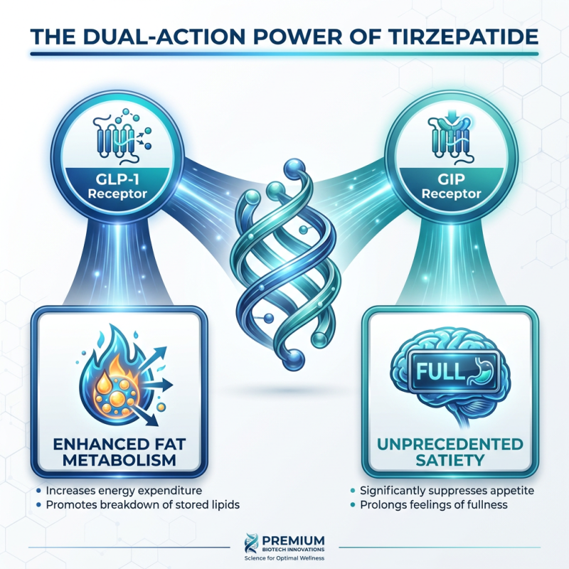 A clean, instructional infographic explaining the dual agonist mechanism of Tirzepatide, showing GLP-1 and GIP receptor activation leading to metabolic optimization.