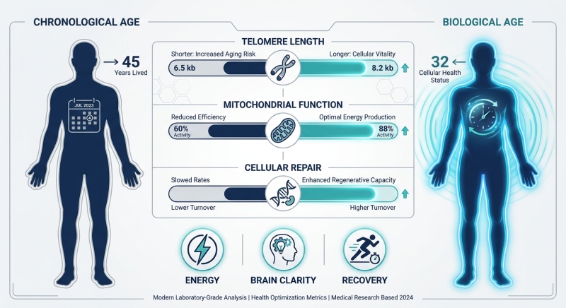 A medical infographic comparing Chronological Age vs. Biological Age using a side-by-side human profile silhouette and cellular health indicators.