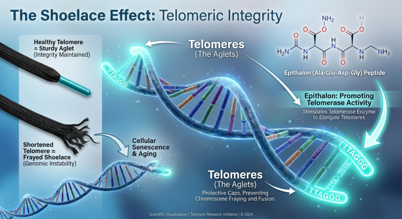 A detailed scientific diagram showing a DNA strand with telomeres compared to a shoelace with aglets, illustrating Epithalon's role in protection.