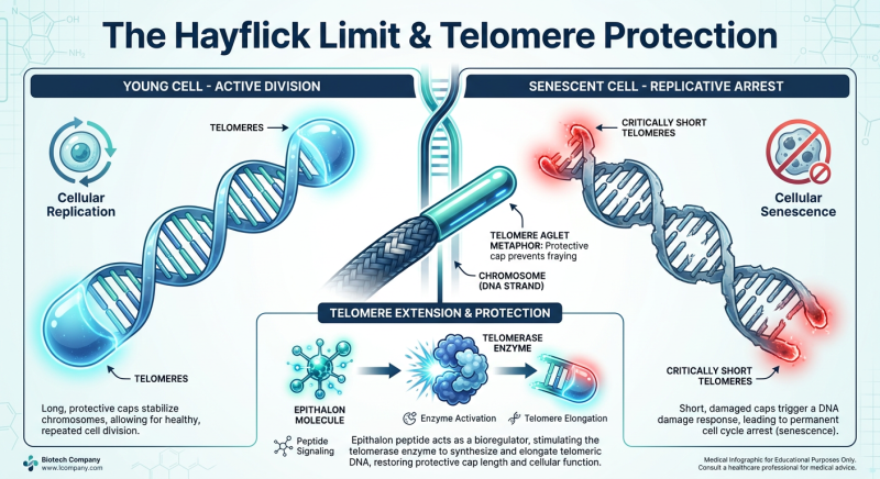 A medical infographic titled 'The Hayflick Limit and Telomere Protection' showing the comparison between a young cell with long telomeres and a senescent cell with frayed telomeres, featuring <a href=