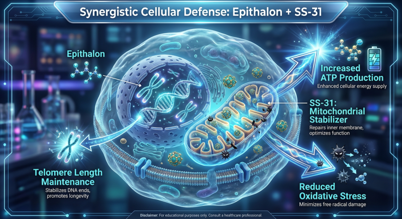 A detailed scientific infographic titled 'Mitochondrial Synergy' illustrating the dual action of Epithalon and SS-31 on a cellular level, featuring a mitochondria organelle and a cell nucleus.