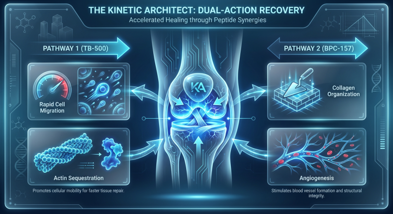 An infographic titled 'The Kinetic Architect' illustrating the synergistic relationship between BPC-157 and TB-500. TB-500 is depicted as a 'Mobilizer' moving cells to an injury site, while BPC-157 is depicted as a 'Master Builder' organizing collagen fibers.