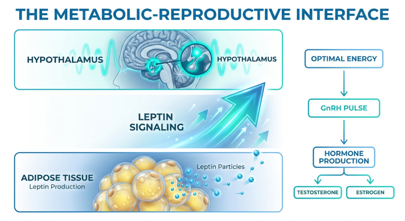 Scientific infographic showing the connection between adipose tissue, leptin, the hypothalamus, and the reproductive system.