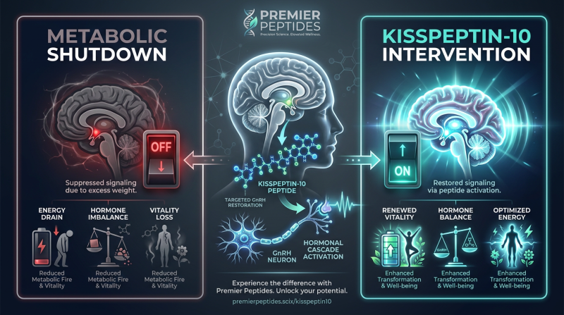 Infographic comparing Metabolic Shutdown vs. Kisspeptin-10 intervention in the brain.