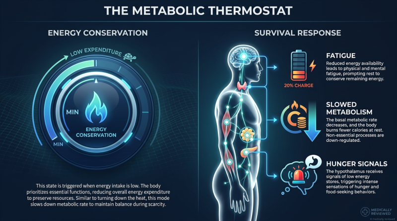 A medical infographic titled 'The Metabolic Thermostat' illustrating the concept of adaptive thermogenesis. It features a house thermostat graphic compared to a human body, showing how metabolic rate drops when calories are restricted. Blue and teal color palette with professional icons.