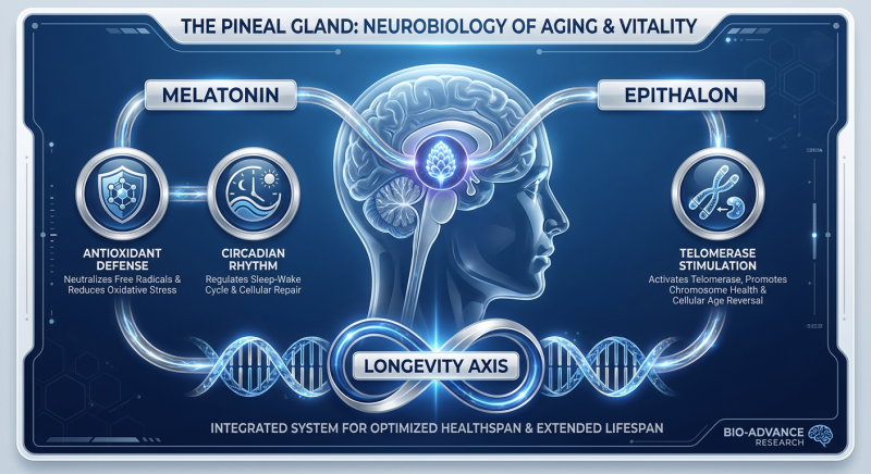 A dual-action scientific diagram showing the synergy between the Pineal Gland, Melatonin, and Epithalon in the human brain to regulate aging.