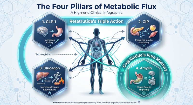 A modern medical infographic titled 'The Four Pillars of Metabolic Flux' illustrating the synergistic mechanisms of <a href=