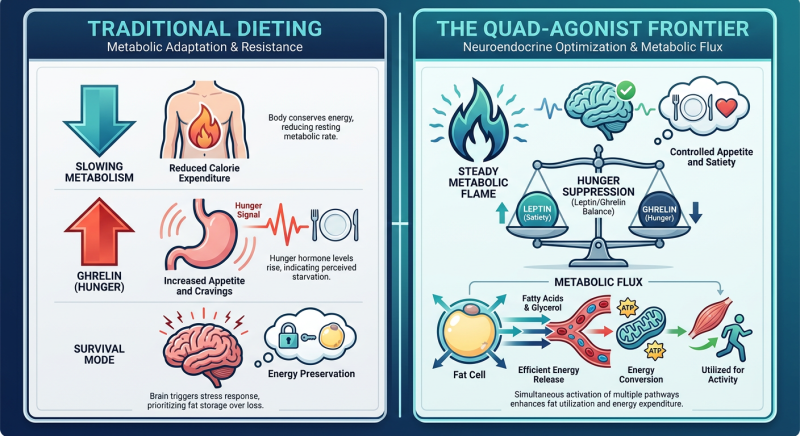 A comparison chart titled 'Overcoming Biological Resistance' showing the difference between traditional dieting (starvation response) and the Quad-Agonist model (metabolic flux).