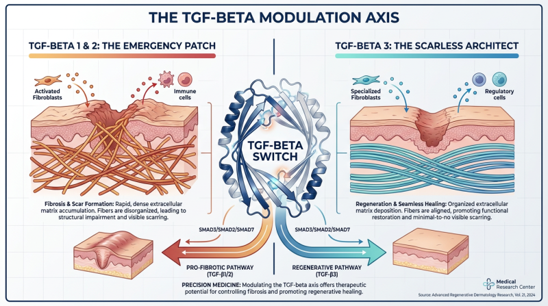 A professional medical infographic comparing the roles of TGF-beta isoforms in wound healing. TGF-beta 1 and 2 are associated with scarring and rapid collagen deposition, while TGF-beta 3 is associated with scarless, organized tissue regeneration.