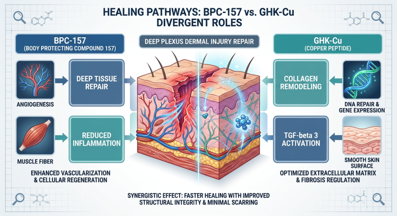 A detailed infographic showing the divergent mechanisms of BPC-157 and GHK-Cu peptides in tissue remodeling. Features BPC-157's role in angiogenesis and GHK-Cu's role in collagen modulation.