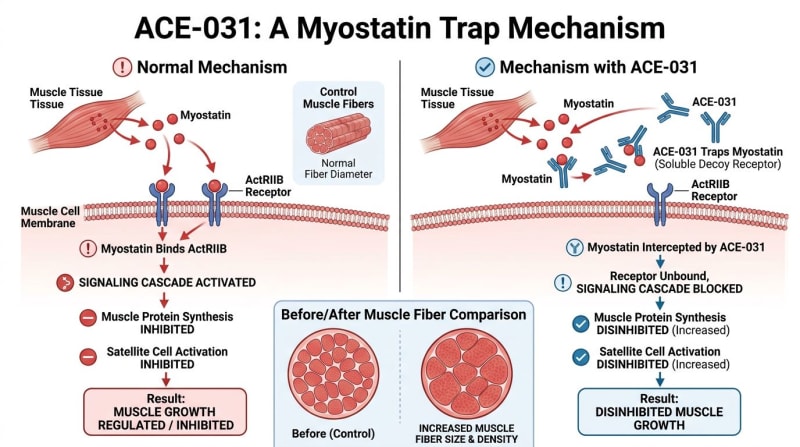 Schematic of a soluble ActRIIB ligand trap intercepting myostatin before cell-surface receptor binding