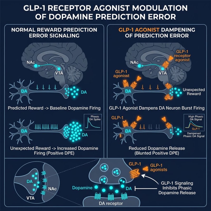Conceptual diagram of GLP-1 signaling and the ventral tegmental area–nucleus accumbens pathway