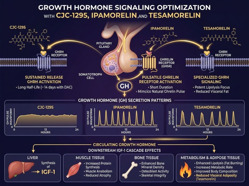 Illustration comparing GHRH and ghrelin receptor pathways associated with CJC-1295, ipamorelin, and tesamorelin